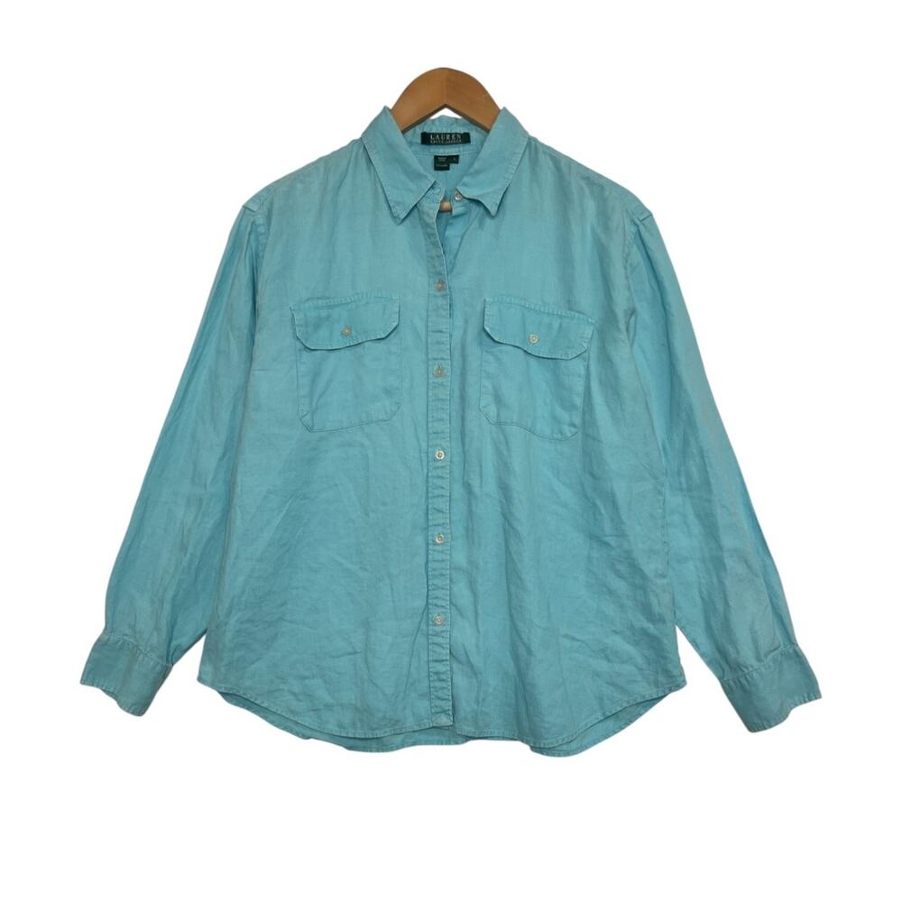 Lauren Ralph Lauren Top Womens Large Blue Linen Coastal Button Up Preppy Casual